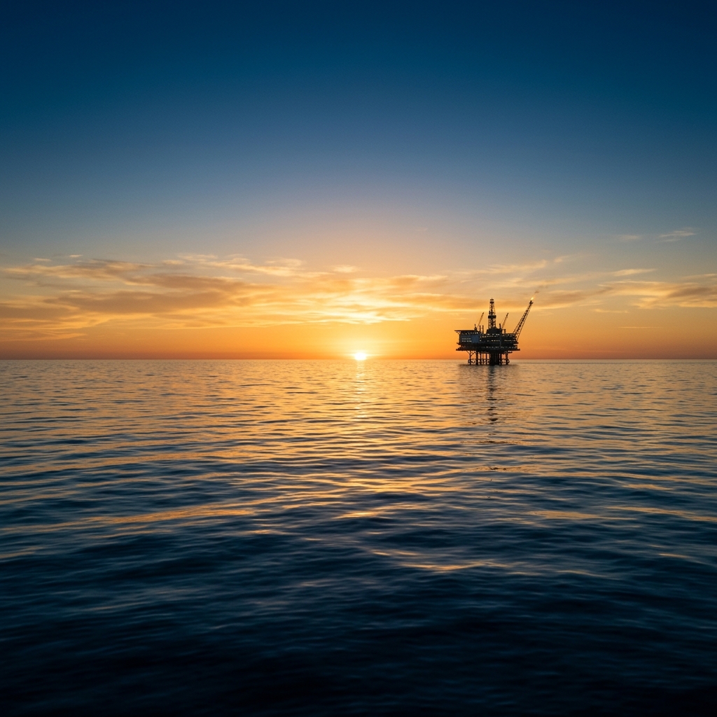 Clean oilfield ocean horizon at sunset